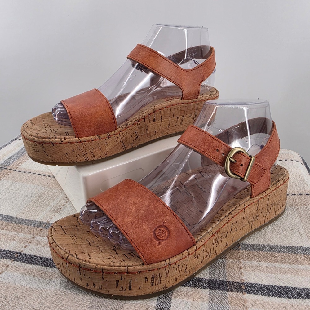 B.O.C. Born Leather Platform Wedge Sandals Coral Tan Cork Ankle Strap Women's 7M
